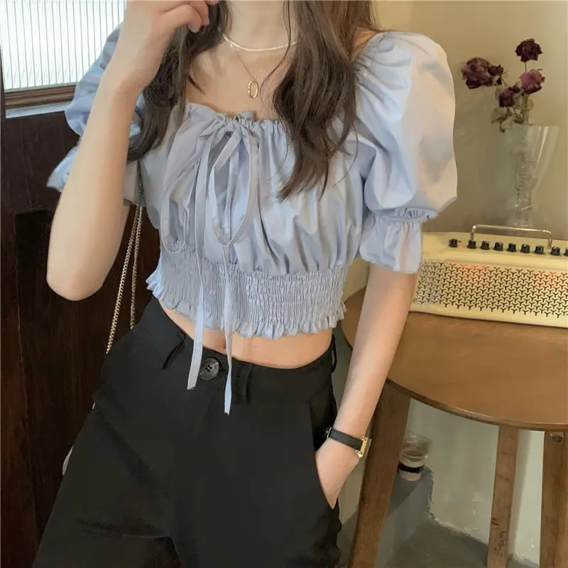 오프숄더 리본 퍼프 크롭 블라우스 썸네일 6