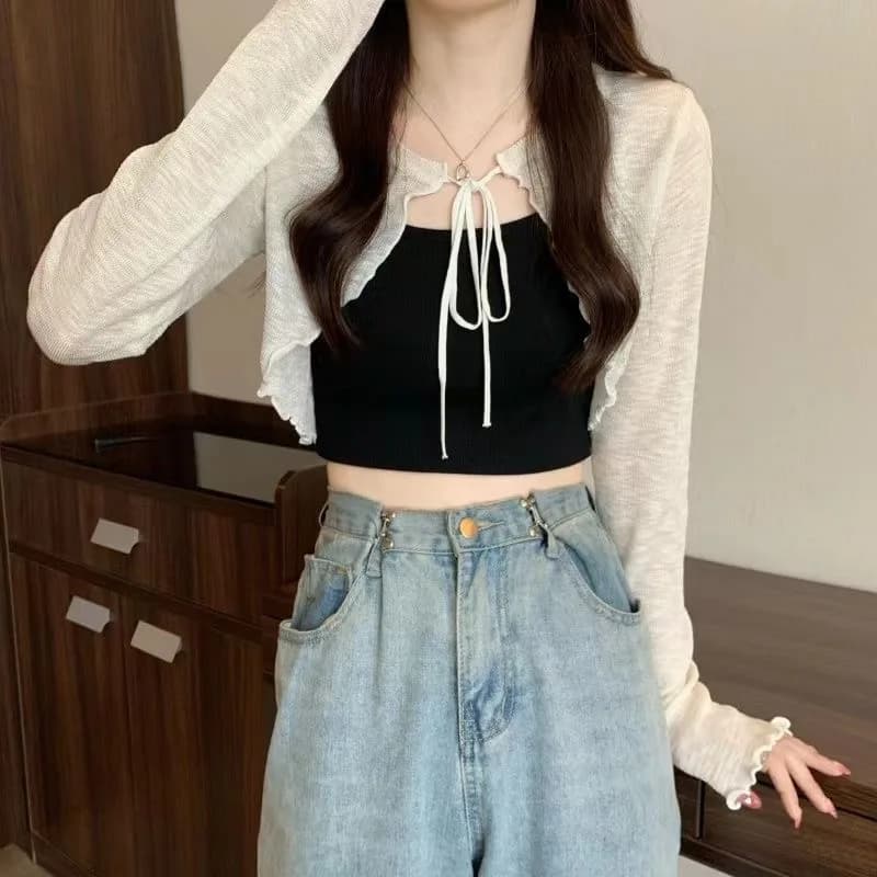 물결 스트링 크롭 시스루 카디건 썸네일 4