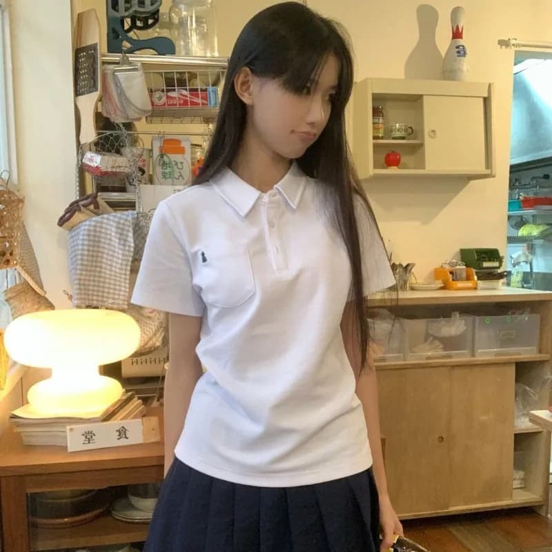 프레피 자수 폴로 슬림 반소매 티셔츠 · 탑 & 티셔츠 · 반팔티 폴로티