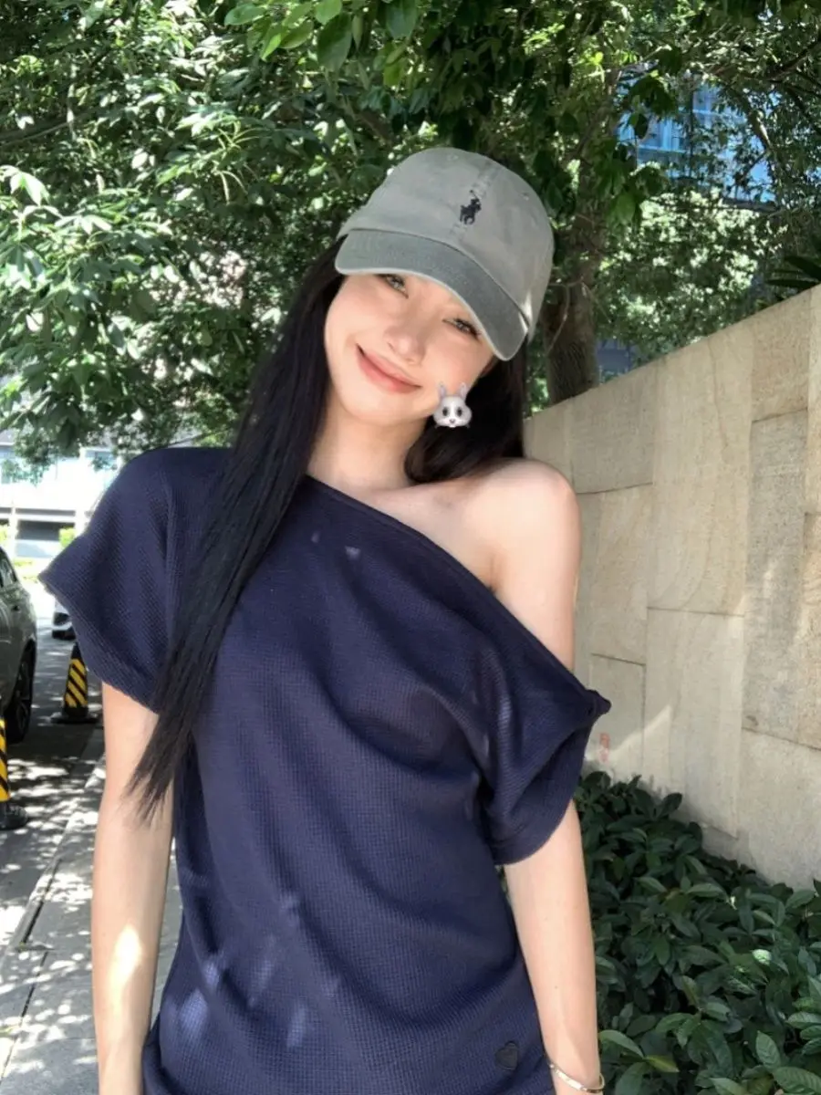 와플 오프숄더 캐주얼 반소매티 · 탑 & 티셔츠 · 와플 오프숄더