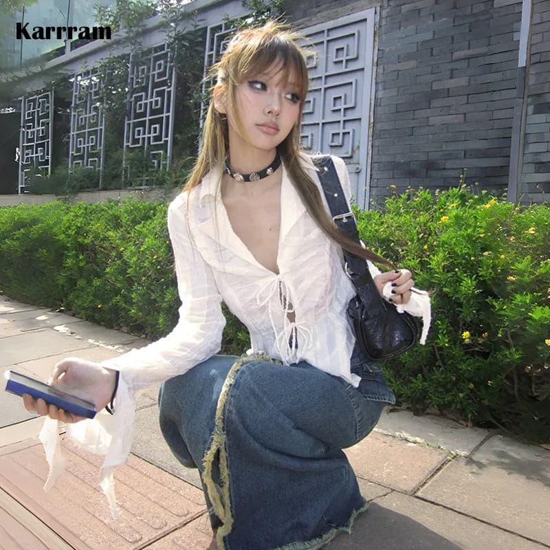 Y2K 페어리코어 주름 레이스업 블라우스 · 여성 탑스 · Y2K 페어리코어