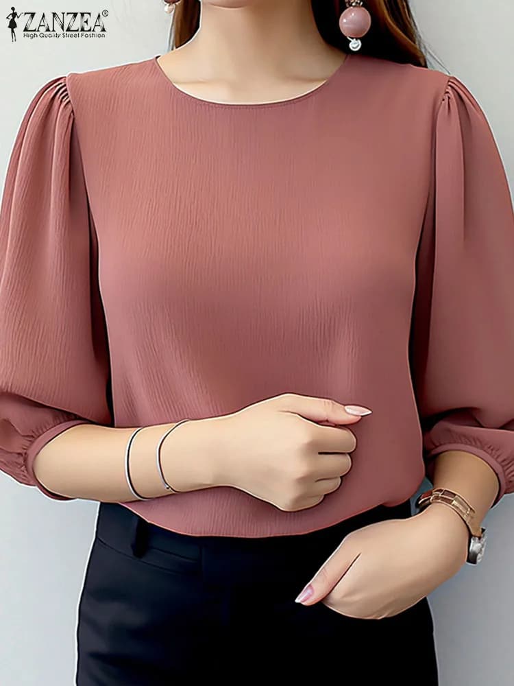 ZANZEA 잔잔한 주름 퍼프 칠부 블라우스 · 여성 탑스 · 블라우스 퍼프소매