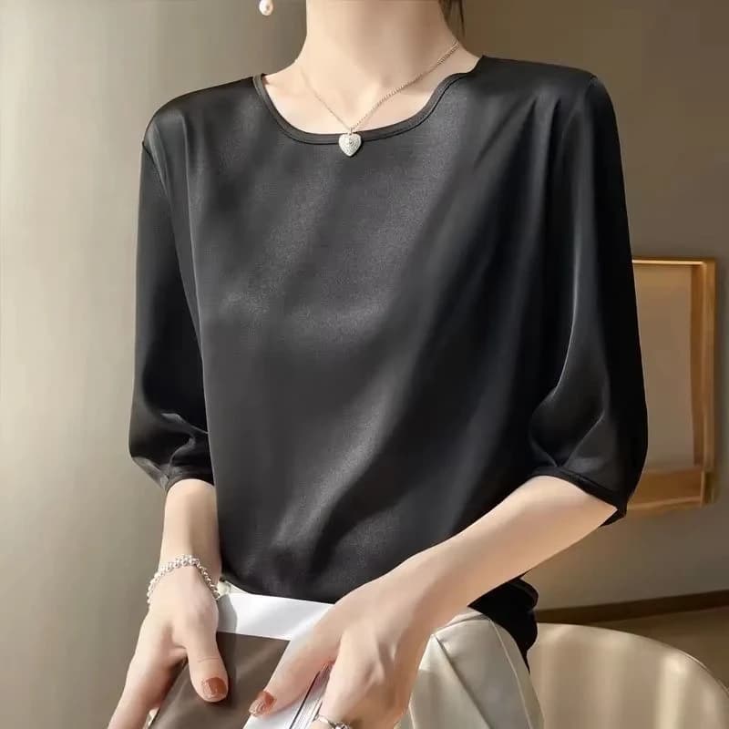 단색 실키 새틴 루즈핏 반팔 블라우스 썸네일 6
