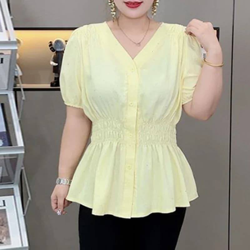 여름 브이넥 밴딩 반팔 블라우스 · 빅사이즈 · 블라우스 여름블라우스 이미지 2