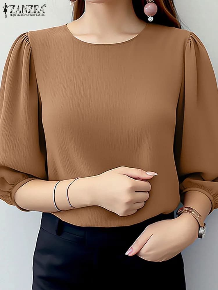 ZANZEA 잔잔한 주름 퍼프 칠부 블라우스 · 여성 탑스 · 블라우스 퍼프소매 이미지 3