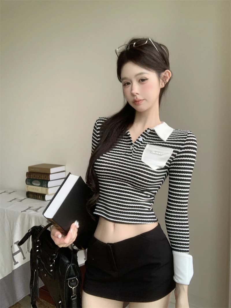 스트라이프 카라 슬림핏 크롭 긴팔티 · 빅사이즈 · 긴팔티 스트라이프 이미지 2