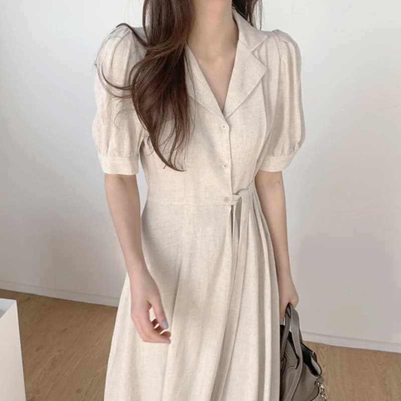 폴로카라 버블소매 타이 린넨 롱원피스 · 원피스 · 롱원피스 린넨원피스 이미지 4