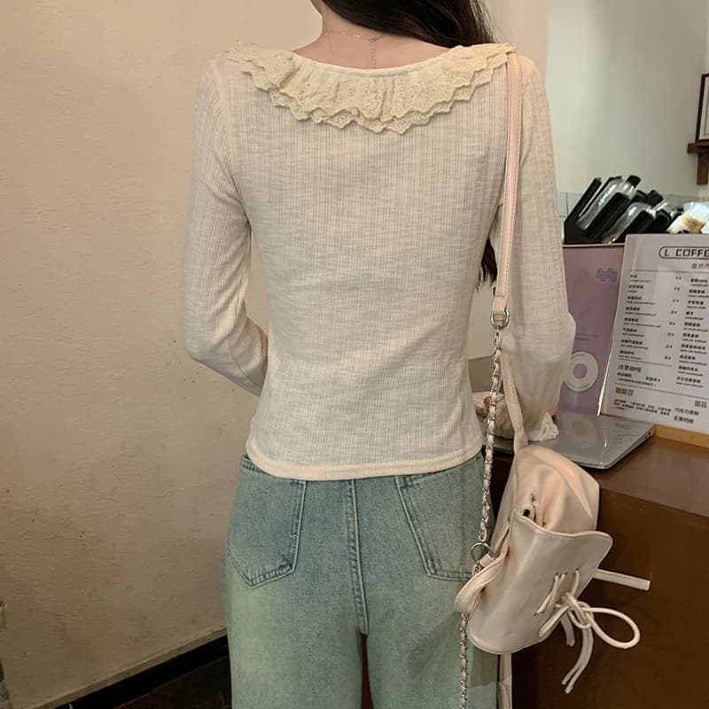 봄 가을 레이스 카라 슬림핏 긴팔 티셔츠 썸네일 5