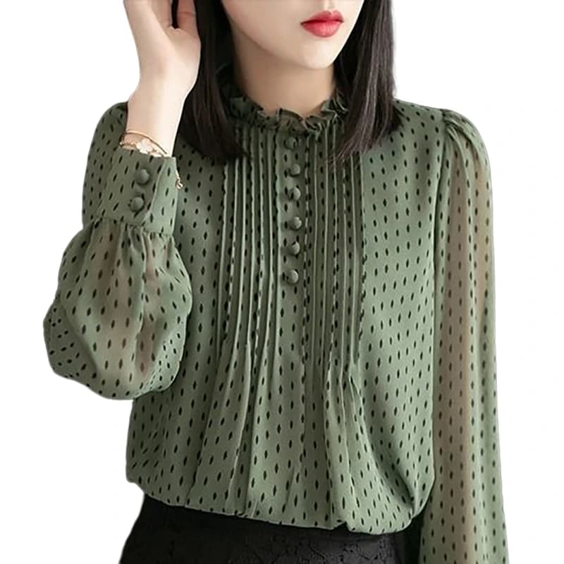 폴카 도트 시폰 프릴넥 블라우스 · 여성 탑스 · 블라우스 시폰블라우스