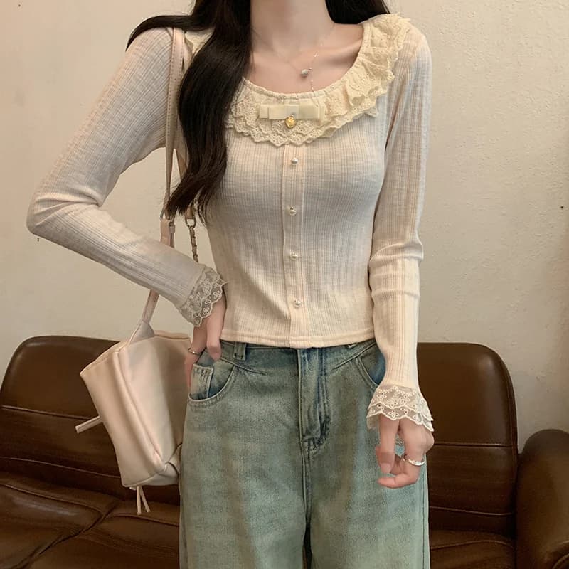 봄 가을 레이스 카라 슬림핏 긴팔 티셔츠 · 탑 & 티셔츠 · 긴팔티 레이스 이미지 4