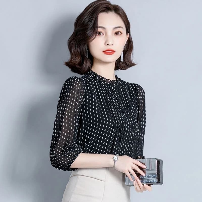 폴카 도트 시폰 프릴넥 블라우스 썸네일 6