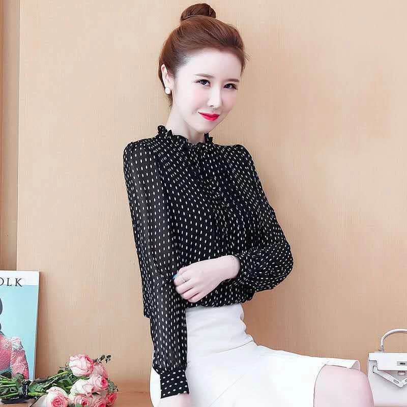 폴카 도트 시폰 프릴넥 블라우스 · 여성 탑스 · 블라우스 시폰블라우스 이미지 4