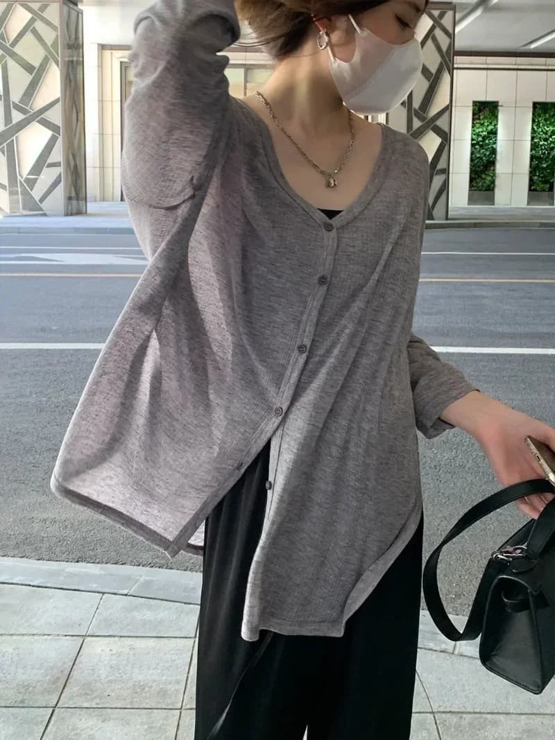 V넥 루즈핏 긴팔 골지 카디건 썸네일 4