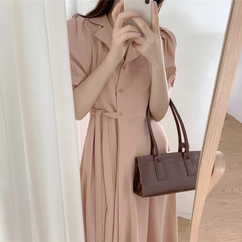 폴로카라 버블소매 타이 린넨 롱원피스 · 원피스 · 롱원피스 린넨원피스