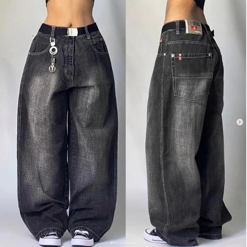2024 뉴 아메리칸 하라주쿠 레트로 스트레이트 하이 웨스트 Y2K 스트리트 스타일 여성 워시 블루 포켓 헐렁한 청바지 고딕 와이드 팬츠 · 청바지(신품)