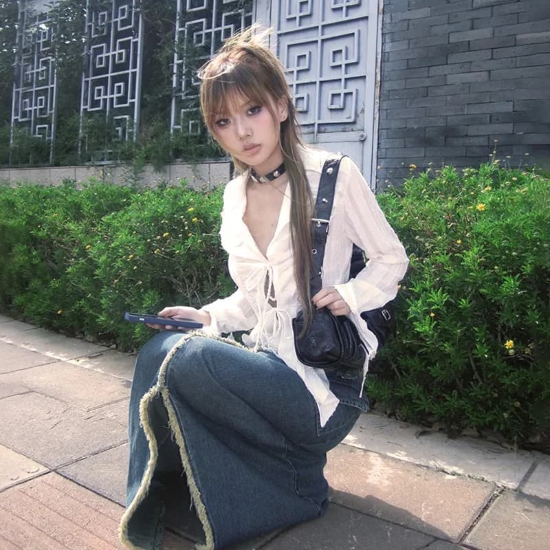 Y2K 페어리코어 주름 레이스업 블라우스 · 여성 탑스 · Y2K 페어리코어 이미지 2