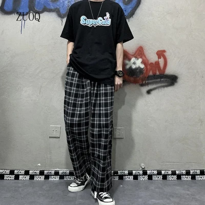 체크 패턴 루즈핏 와이드팬츠 · 긴바지 · 체크 와이드팬츠