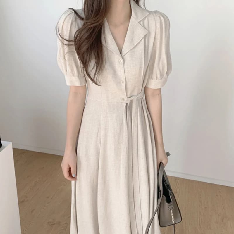 폴로카라 버블소매 타이 린넨 롱원피스 · 원피스 · 롱원피스 린넨원피스 이미지 2