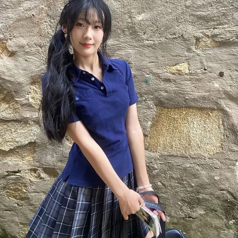 프레피 자수 폴로 슬림 반소매 티셔츠 썸네일 5