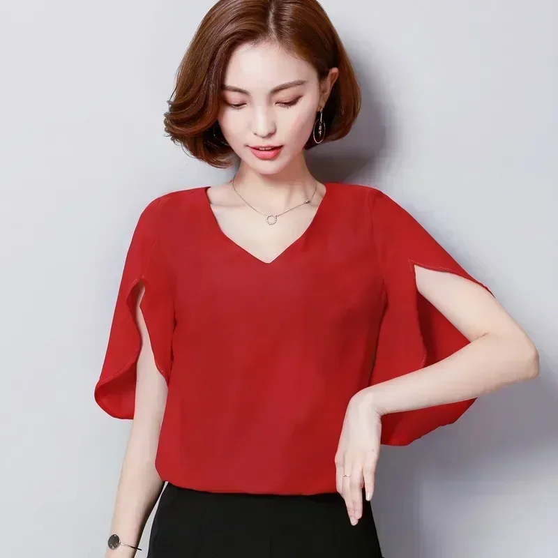 루즈핏 브이넥 슬릿 쉬폰 블라우스 썸네일 5