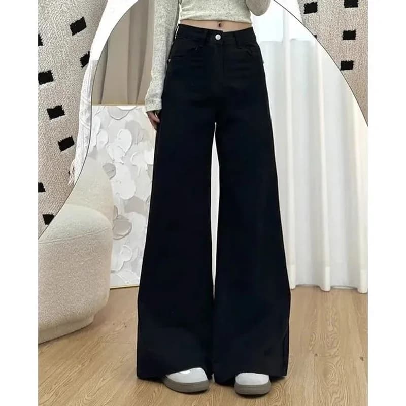 여성 블랙 하이 웨이스트 청바지 소녀 세련된 패션 스트레이트 레그 데님 바지 여성 얇은 루즈핏 캐주얼 데일리 바지 · 청바지(신품)