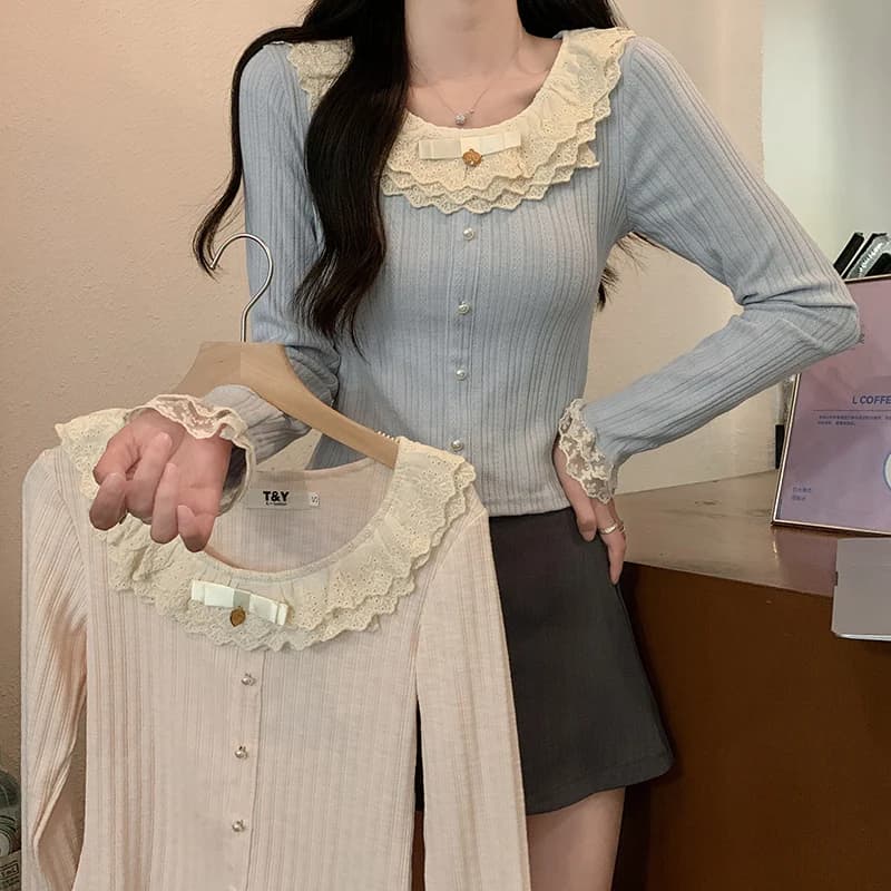 봄 가을 레이스 카라 슬림핏 긴팔 티셔츠 · 탑 & 티셔츠 · 긴팔티 레이스
