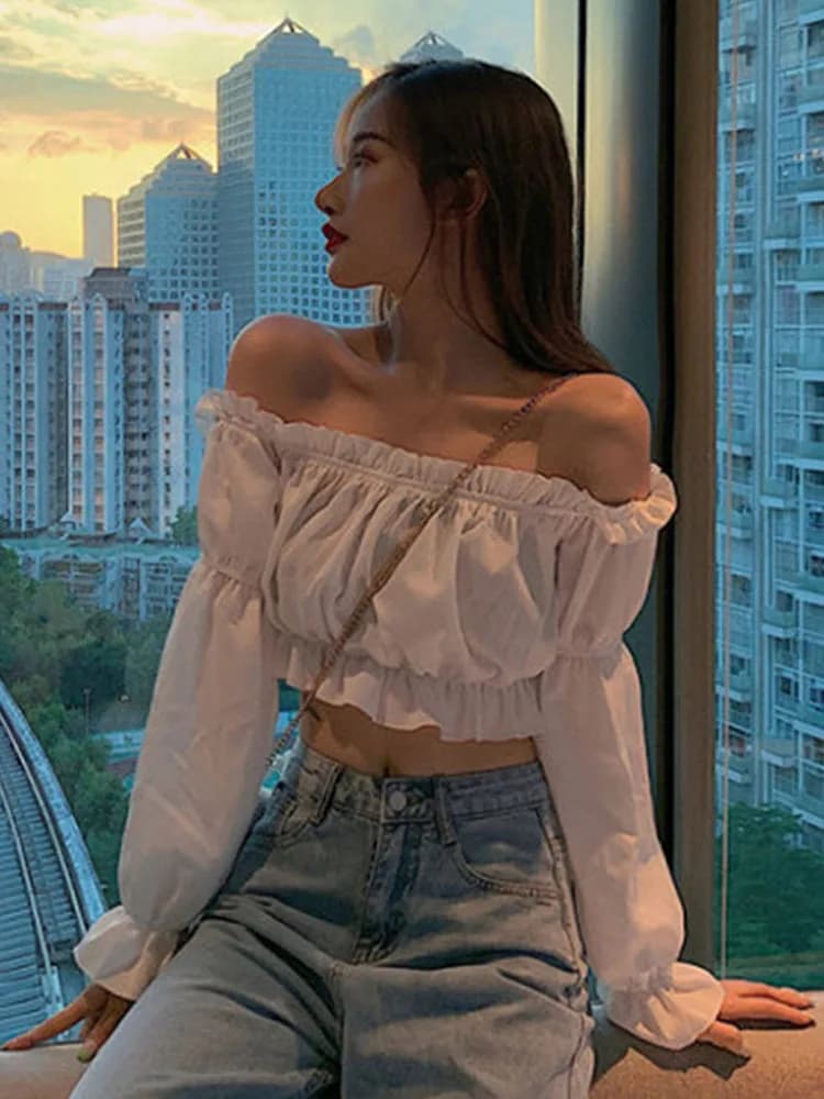 여름 오프숄더 프릴 크롭 블라우스 · 여성 탑스 · 블라우스 오프숄더 이미지 4