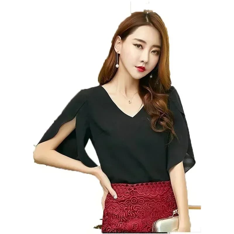 루즈핏 브이넥 슬릿 쉬폰 블라우스 · 여성 탑스 · 블라우스 쉬폰블라우스 이미지 4