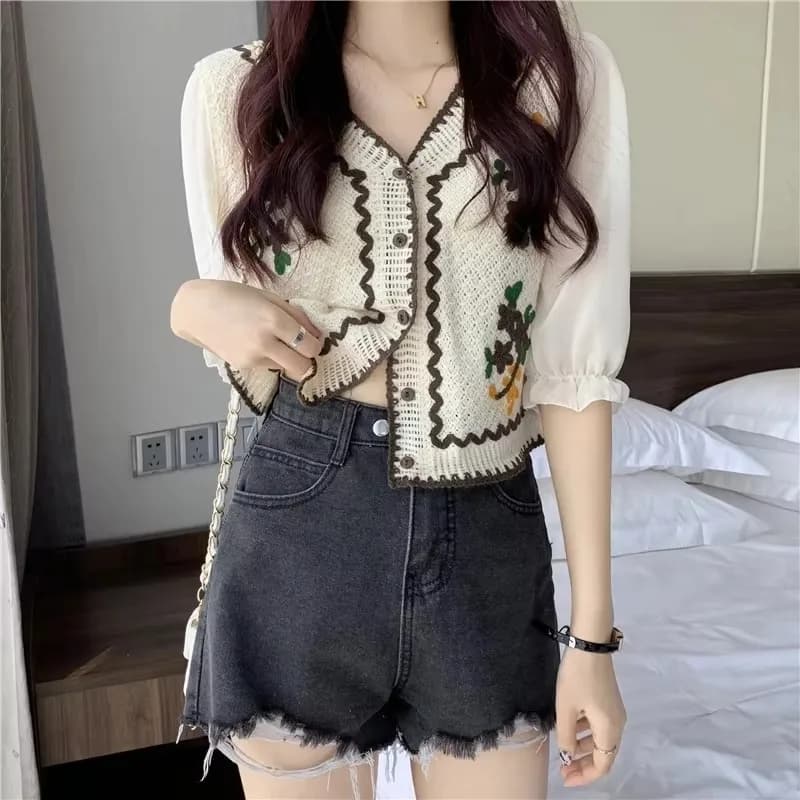 플라워 자수 뜨개 쉬폰 카디건 썸네일 5