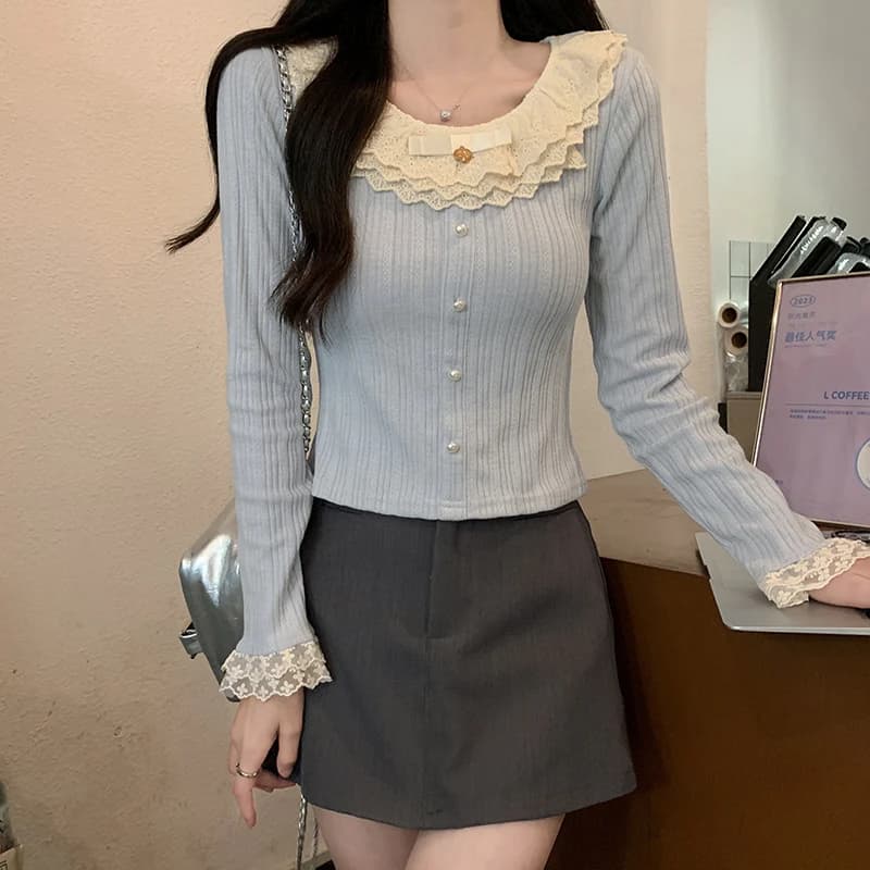 봄 가을 레이스 카라 슬림핏 긴팔 티셔츠 · 탑 & 티셔츠 · 긴팔티 레이스 이미지 2