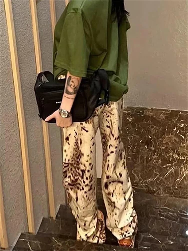 레오파드 프린트 스트레이트 와이드 레그 청바지 여성 하이 웨이스트 레트로 청바지 streetwear y2k 빈티지 바지 하이 스트리트 데님 바지 썸네일 5