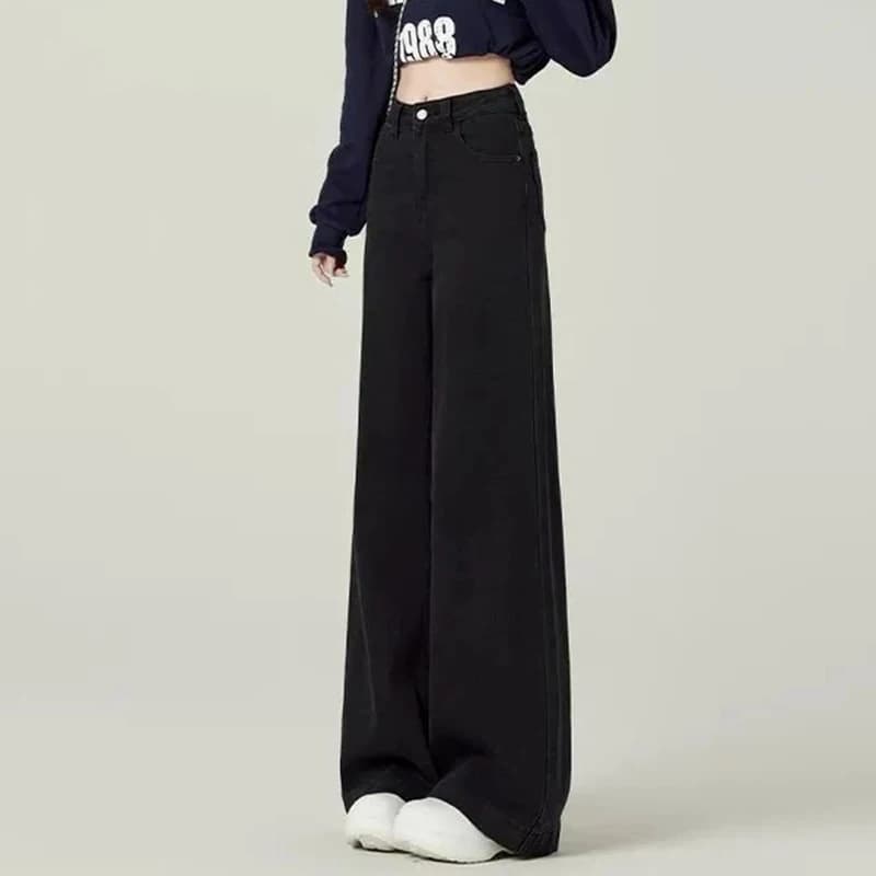 여성 블랙 하이 웨이스트 청바지 소녀 세련된 패션 스트레이트 레그 데님 바지 여성 얇은 루즈핏 캐주얼 데일리 바지 썸네일 4