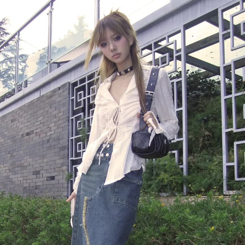 Y2K 페어리코어 주름 레이스업 블라우스 · 여성 탑스 · Y2K 페어리코어 이미지 3
