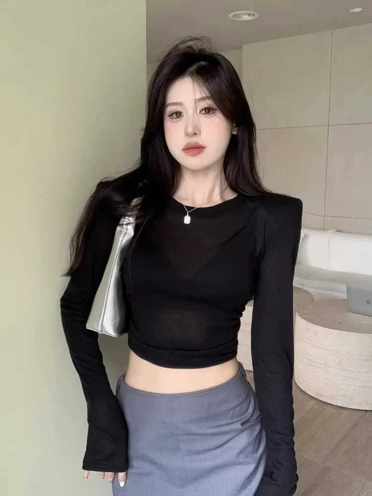 시스루 크롭 슬림 긴소매 티셔츠 · 셋업 · 긴소매 크롭티 이미지 4