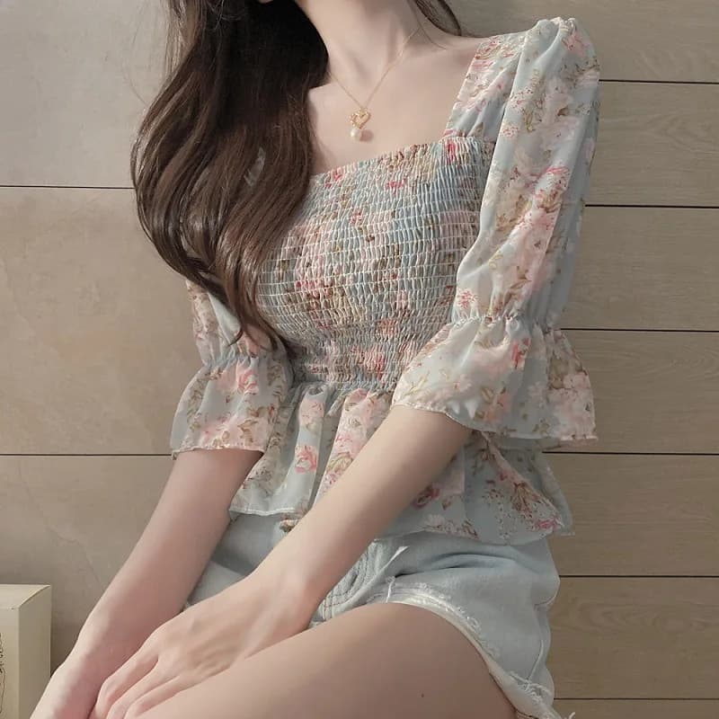 플라워 셔링 스퀘어넥 퍼프 블라우스 썸네일 5