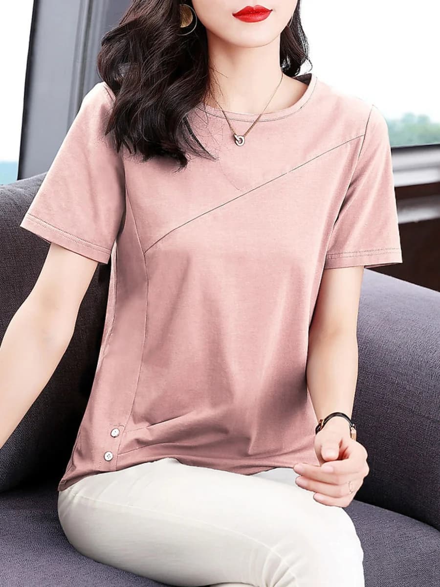 단색 코튼 라운드넥 옆트임 반소매 티셔츠 썸네일 6