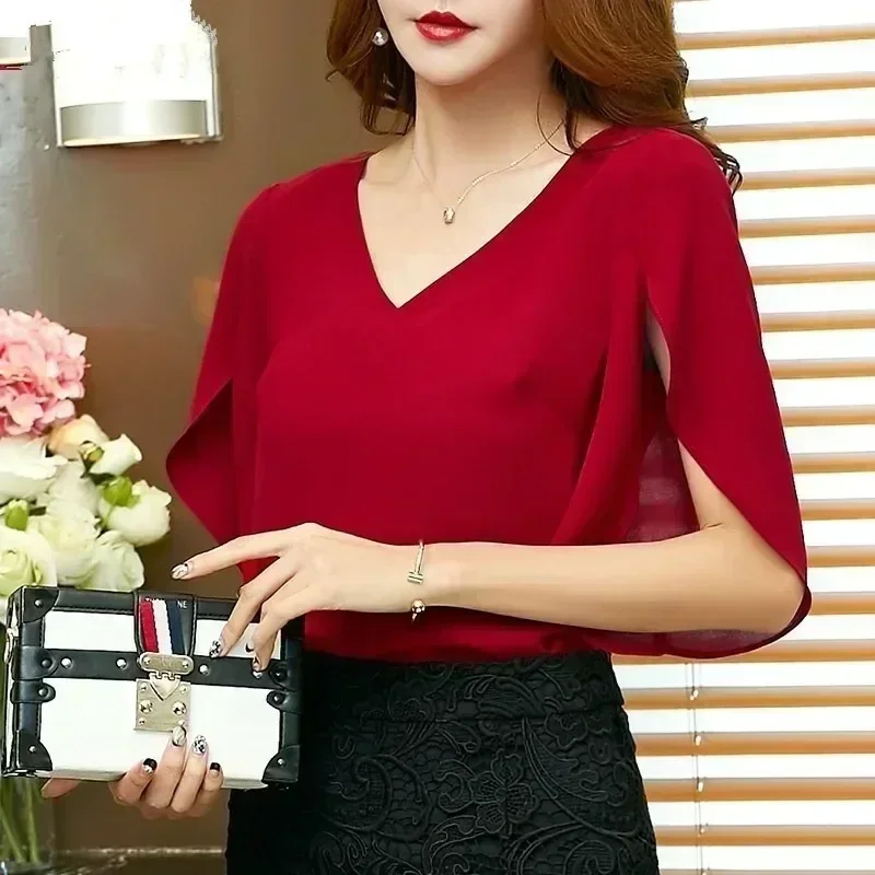 루즈핏 브이넥 슬릿 쉬폰 블라우스 · 여성 탑스 · 블라우스 쉬폰블라우스