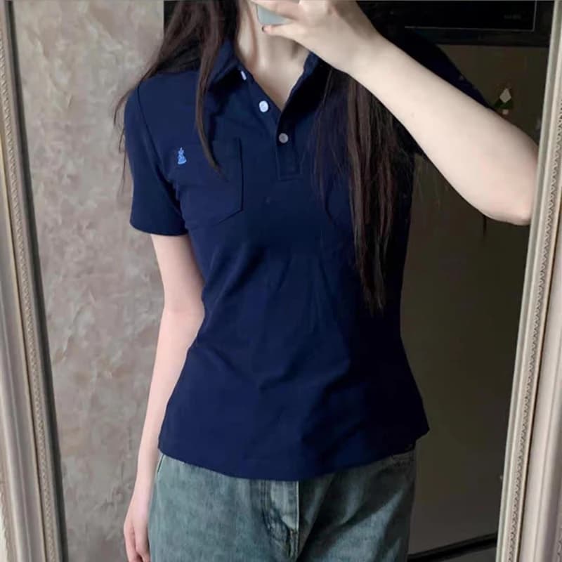 프레피 자수 폴로 슬림 반소매 티셔츠 썸네일 6
