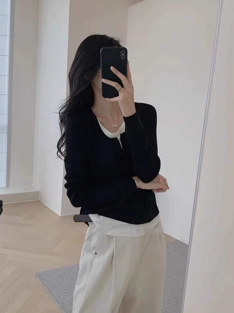언밸런스 넥 슬림 긴소매 티셔츠 썸네일 5