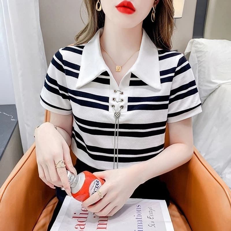 스트라이프 카라 반팔티 레이스업 장식 썸네일 5