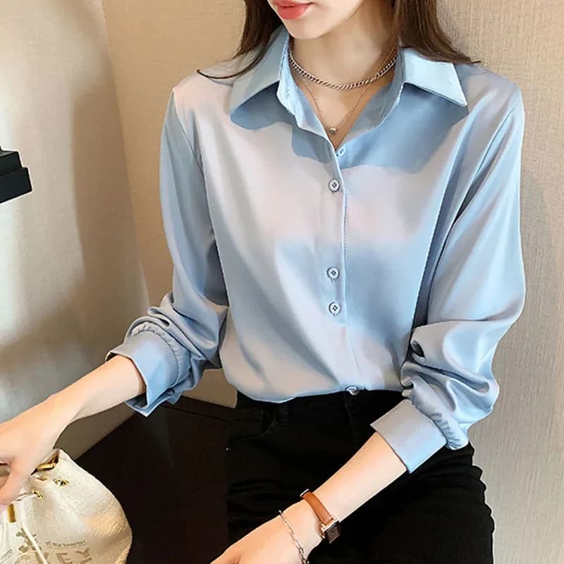 블랙 쉬폰 루즈핏 긴팔 셔츠 · 여성 탑스 · 블랙셔츠 쉬폰셔츠 이미지 3