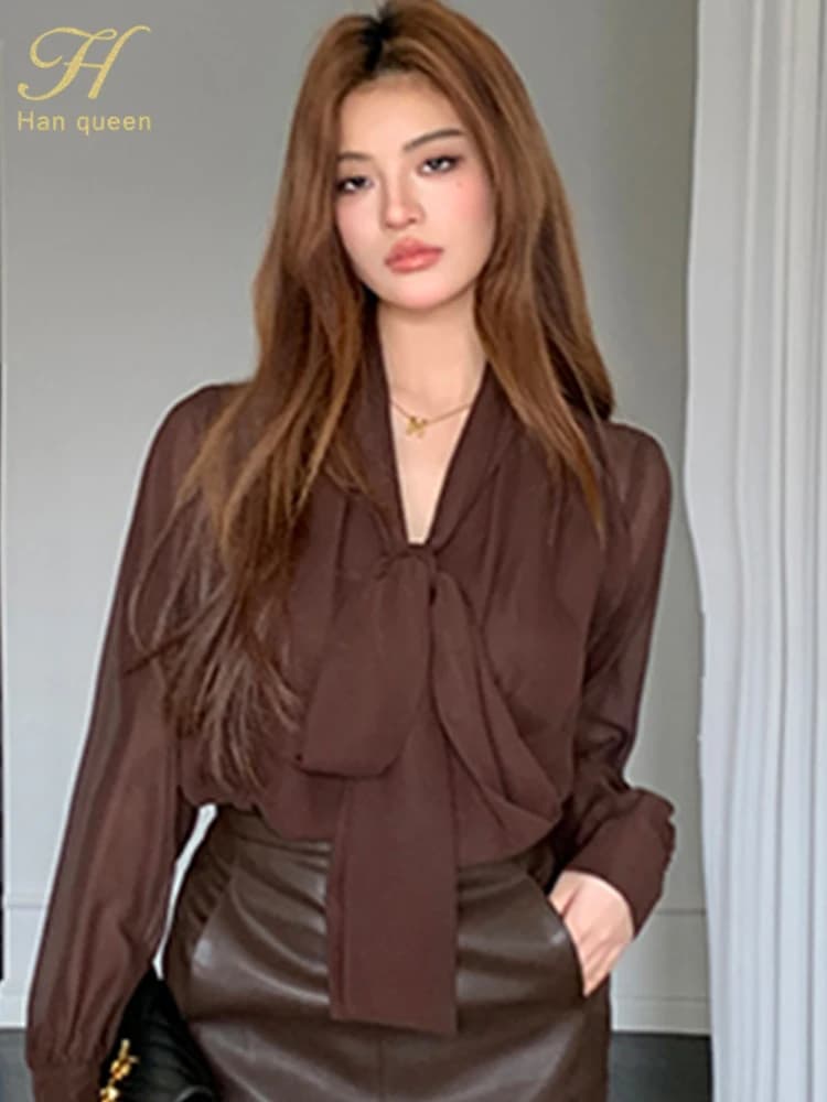 우아한 시폰 타이넥 블라우스 · 여성 탑스 · 블라우스 시폰 이미지 3