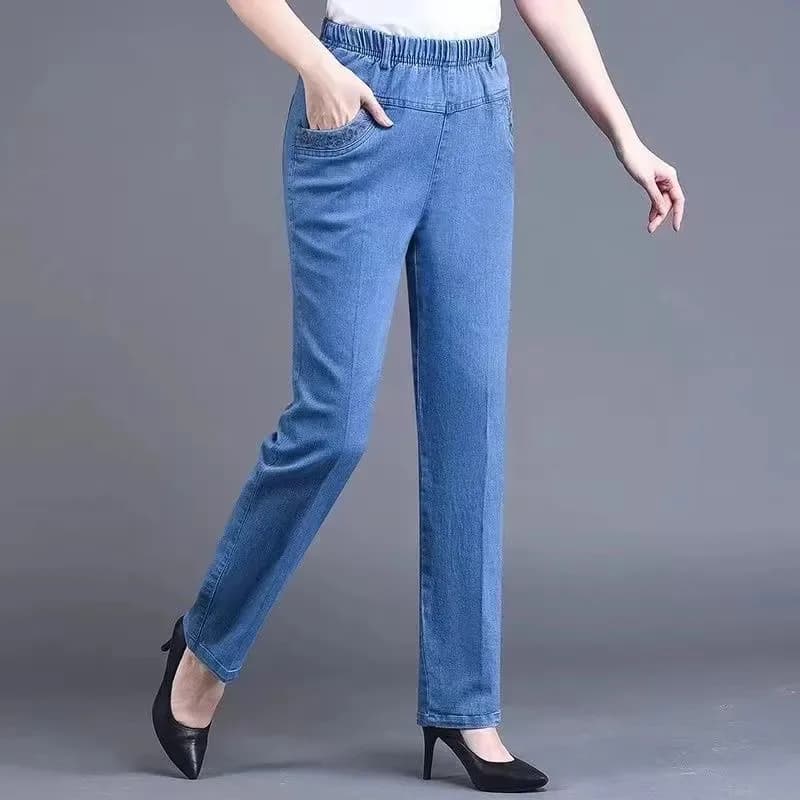 중년 노인 여성 청바지 수 놓은 주머니 신축성있는 허리 엄마 바지 캐주얼 데님 스트레이트 레그 바지 2025 New Spring 썸네일 6