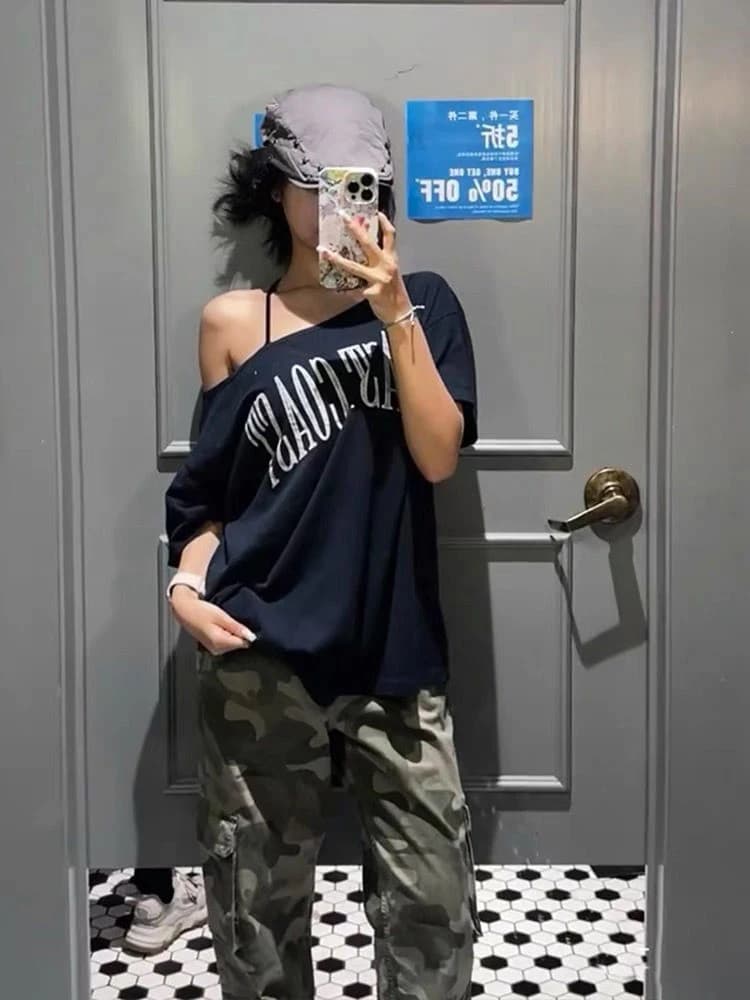 Y2K 오프숄더 오버핏 크롭 반팔티 썸네일 5