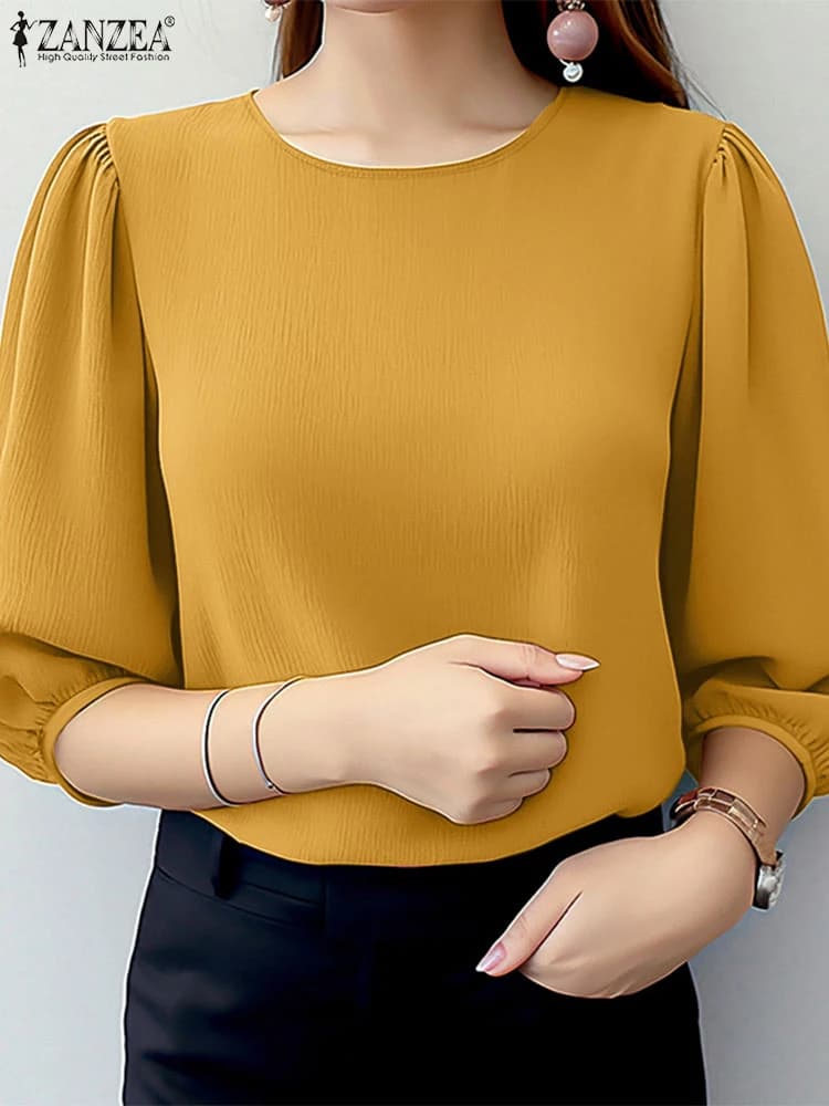 ZANZEA 잔잔한 주름 퍼프 칠부 블라우스 썸네일 5