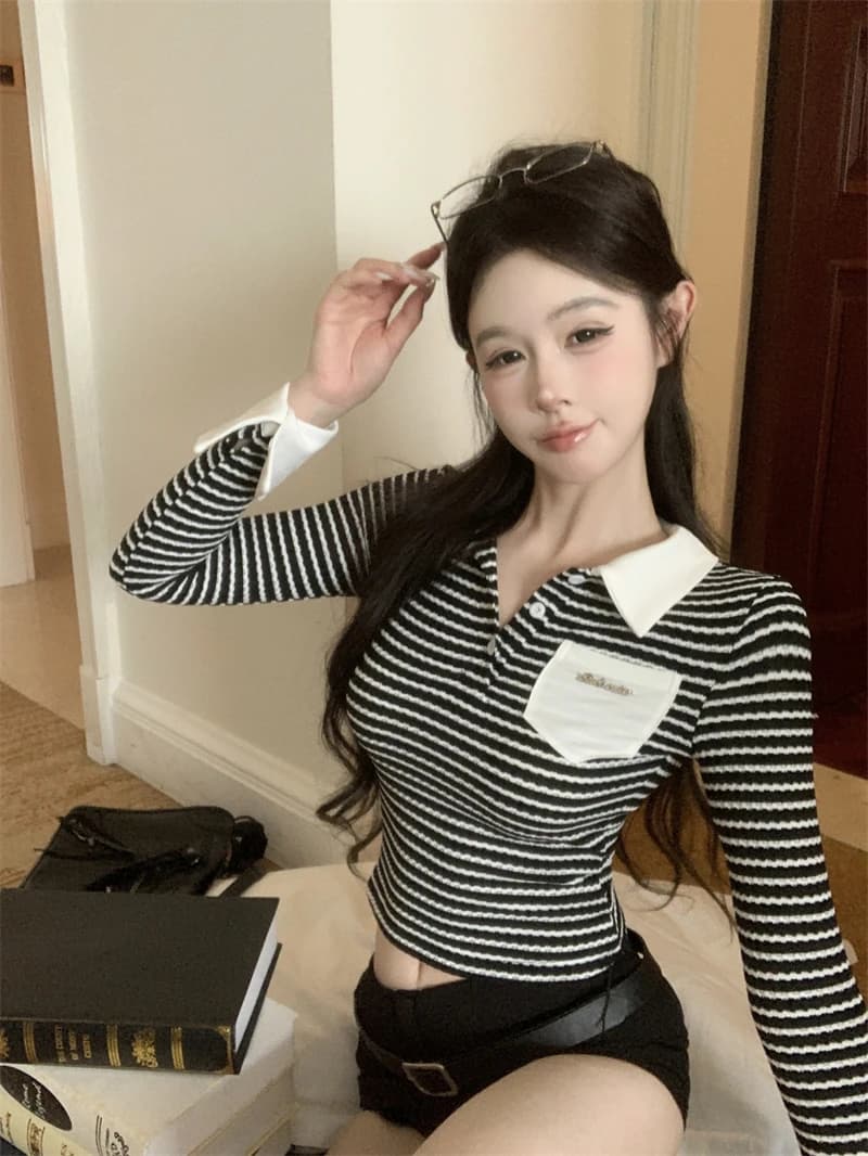 스트라이프 카라 슬림핏 크롭 긴팔티 · 빅사이즈 · 긴팔티 스트라이프 이미지 3