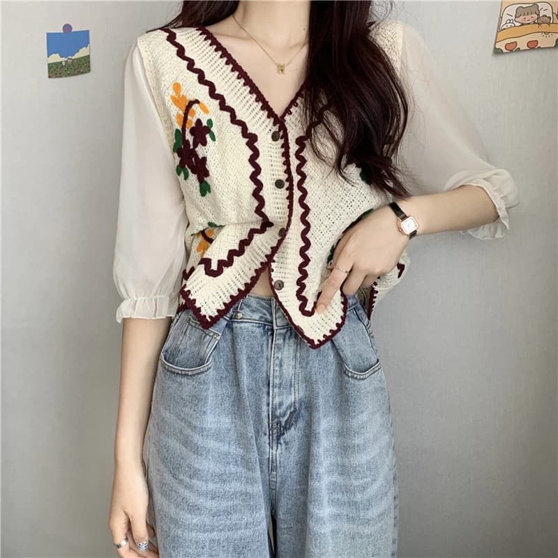 플라워 자수 뜨개 쉬폰 카디건 · 여성 탑스 · 카디건 뜨개카디건 이미지 3