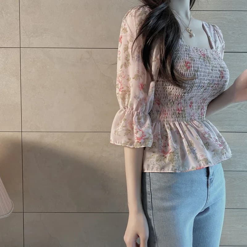플라워 셔링 스퀘어넥 퍼프 블라우스 썸네일 6