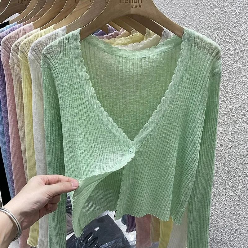 파스텔 물결넥 시스루 크롭 카디건 썸네일 5