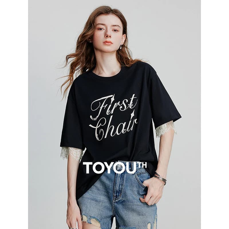 TOYOUTH 레이스 소매 레터링 루즈핏 반팔티 · 탑 & 티셔츠 · TOYOUTH 반팔티
